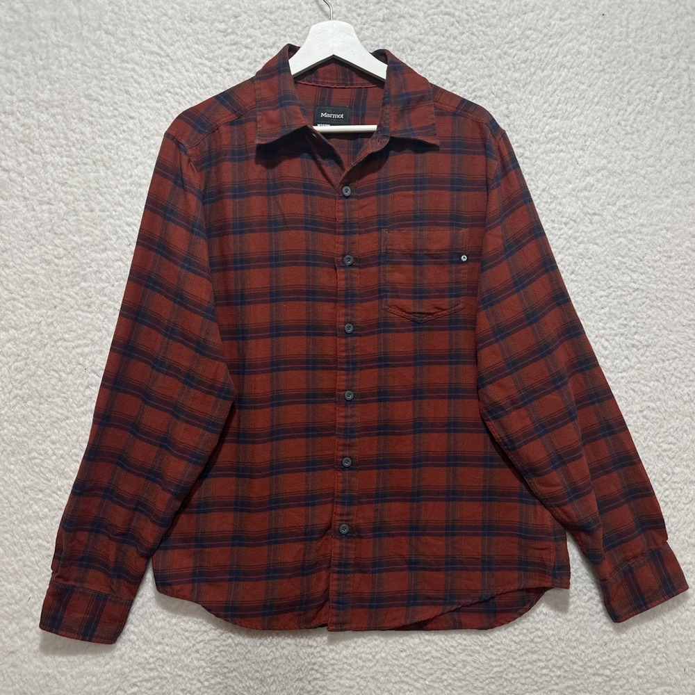 Marmot Men's Flannel Shirt Plaid Button Up Long Sleeve  For Life Logo Shirt Sz M